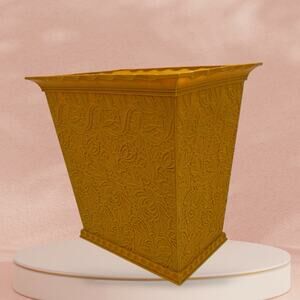 VTG Max Klein Harvest Gold Lace Floral Ruffle Top Plastic Waste Basket Trash Can